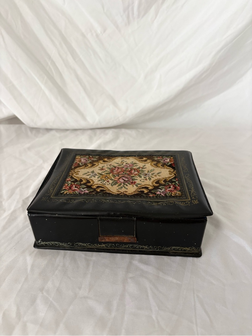 Vintage 60s black tapestry needplepoint floral jewelry box organizer home decor